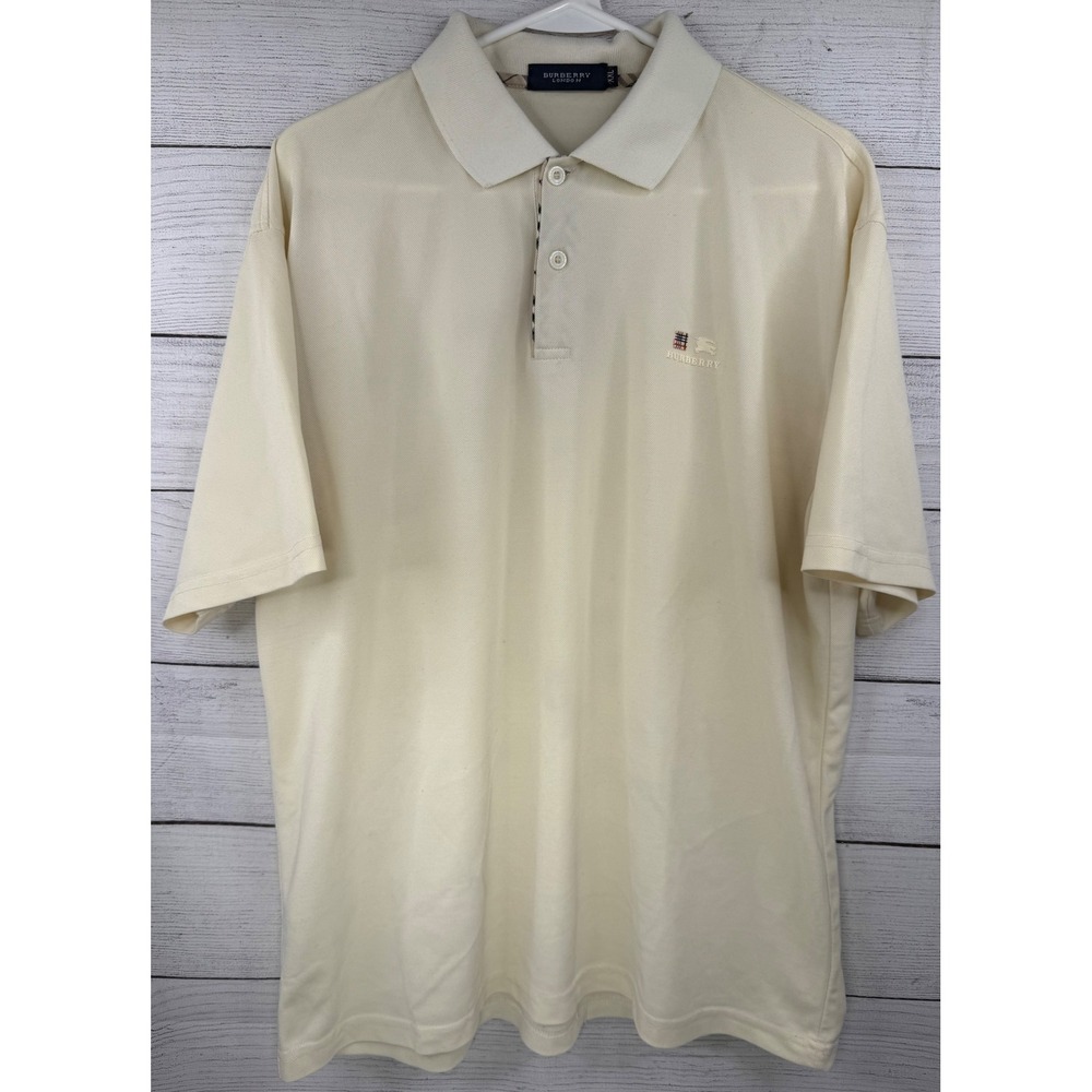Burberry London Mens XXL Polo Shirt Cream Short Sleeve Rubber Logo Nova Check